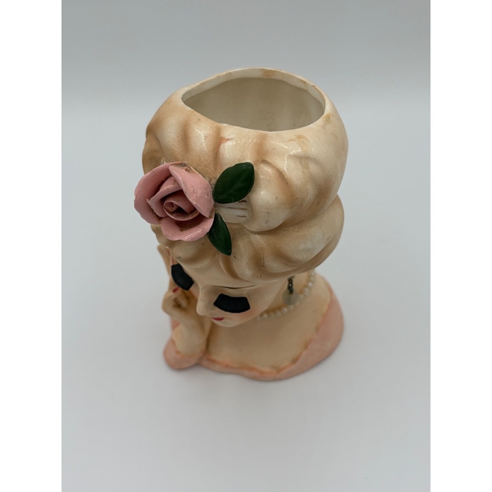 Vintage 1961 Inarco Japan Lady Head Vase E-193/M/B Pink Rose Pearl Necklace 5.5" - Picture 2 of 6